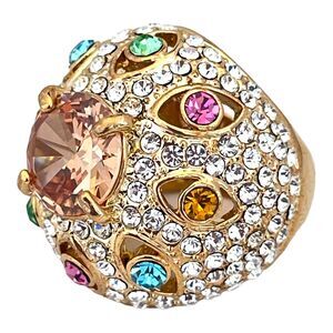 New Citrine Color Crystal Dome Ring Pastel Accents Pave Gold Tone Size 5 - 5W